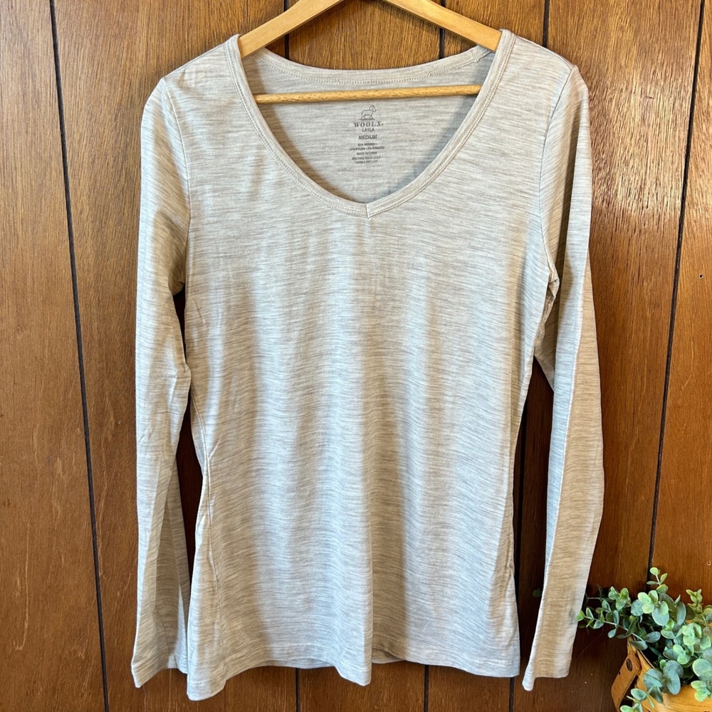 WOOLX Layla Long Sleeve V Neck Merino Wool Blend Top Women's Medium Beige